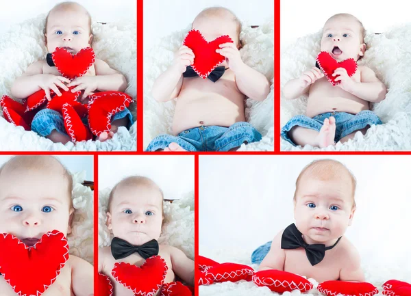 Pequeno menino bonito em gravata arco e com coração vermelho — Fotografia de Stock