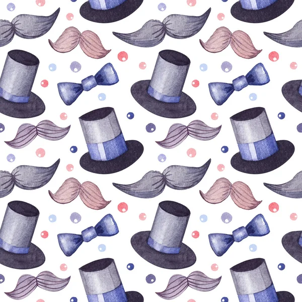 Акварель с верхней шляпы, галстуки-бабочки, звезды и усы белый фон для мальчиков и джентльменов — стоковое фото
