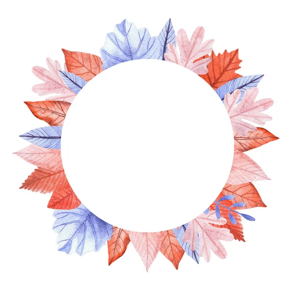 Marco redondo de acuarela de hojas naranjas y azules de otoño. Se puede utilizar para el diseño de niños o bebés, tienda y decoración de habitaciones — Foto de Stock