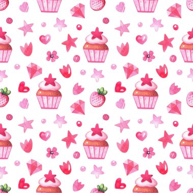Watercolor desserts and berries seamless pattern. Background with sweets, leaves, cake, stawberry for girly. clipart