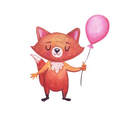 Beyaz arka planda pembe balonu olan suluboya şirin tilki.