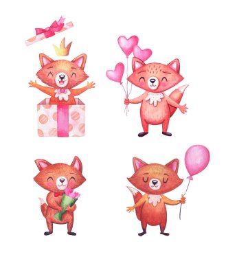 Doğum günü partisi için tatlı suluboya tilkiler. Beyaz üzerine bir dizi karakter. Kutlamalar için Hayvanlar