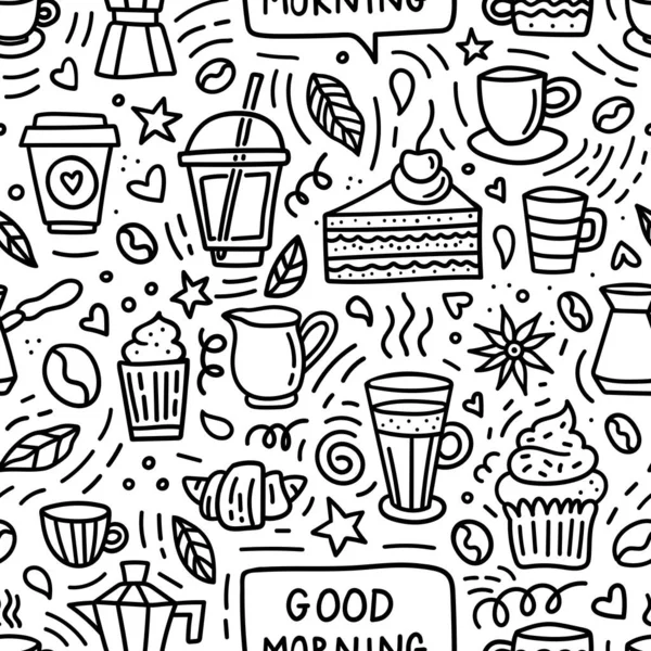 Coffee Doodle nahtloses Muster. Guten Morgen Hintergrund mit Bohnen, Tassen, Tassen und Desserts für Geschäft oder Menü — Stockvektor