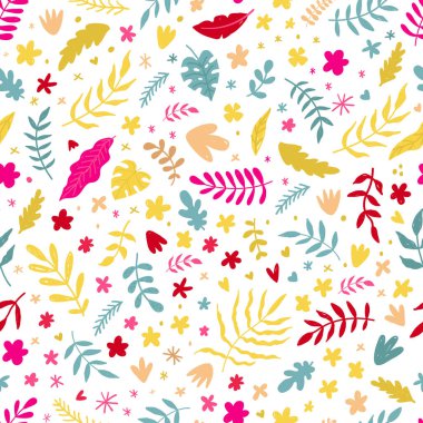 Karalama tarzında kusursuz bir çiçek deseni. Parlak desenli çiçekler, kalpler ve dallarla.