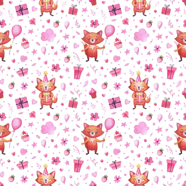 Watercolor pattern with cute foxes for the holidays, valentines day, birthday and others. — Fotografia de Stock