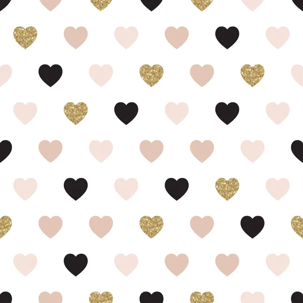 Vector seamless pattern with hearts of rose, gold, and black. Shiny sparkling background with glitter on white. — Stock Vector