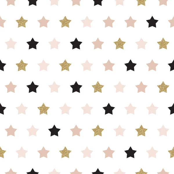 Patrón sin costura vectorial con estrellas de rosa, oro y negro. Fondo brillante brillante con purpurina en blanco. — Vector de stock