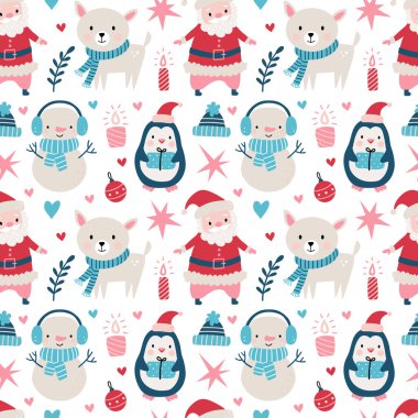 Noel Baba, geyik, ağaç, dekorasyon, kar taneleri, penguen, kardan adam ve kutularla kusursuz bir Noel deseni..