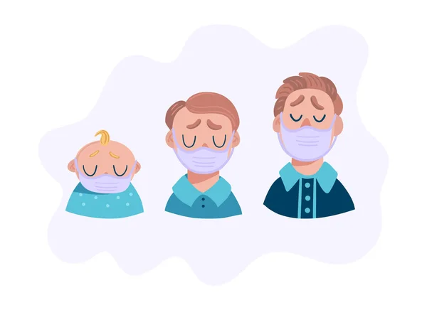 Un grupo de hombres tristes con máscara médica. Cabezas de adolescente, bebé y adulto. ilustración de dibujos animados vector plano — Vector de stock