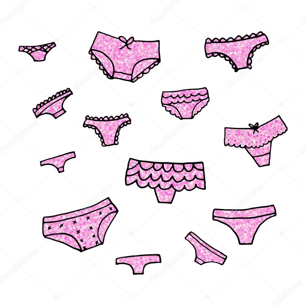 Hand drawn Lingerie set. Fashion feminine vector icon illustration. Sexy lacy woman underwear symbol collection.