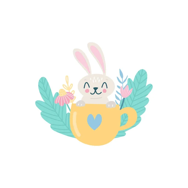 Mignon lapin de Pâques dans une tasse avec des fleurs et des herbes. Illustration vectorielle isolée sur blanc — Image vectorielle