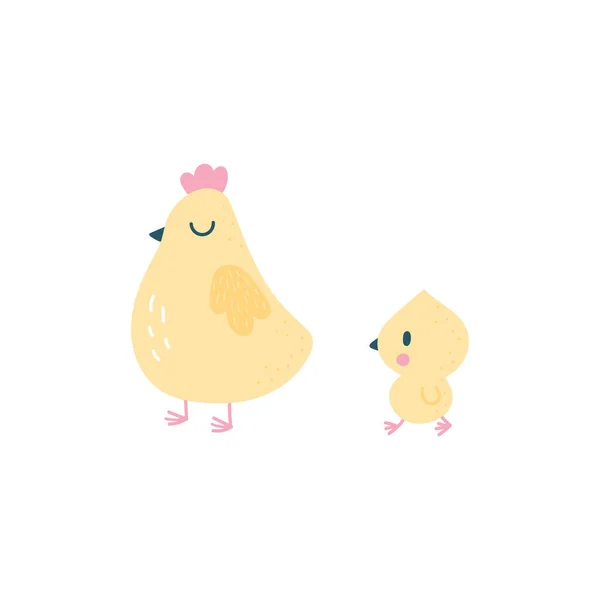 Χαριτωμένη κότα και γκόμενα. Κοτόπουλο και μωρό. Ζωώδεις χαρακτήρες κινουμένων σχεδίων. Διάνυσμα σε επίπεδο στυλ απομονωμένο σε λευκό — Διανυσματικό Αρχείο