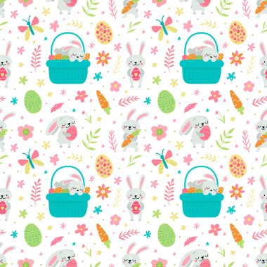 Tavşanlar, yumurtalar ve bahar tasarımlarıyla Paskalya için kusursuz desen..