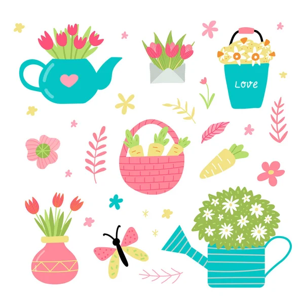 Primavera jardim definido em estilo bonito desenhado à mão. Design de cartaz de jardinagem feliz. Ilustração vetorial. — Vetor de Stock