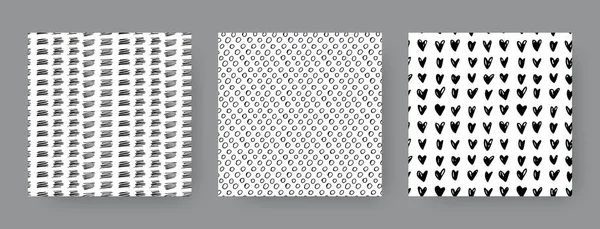 Набір Безшовних Чорно Білих Візерунків Штрихами Колами Сердечками Векторні Фони — стоковий вектор