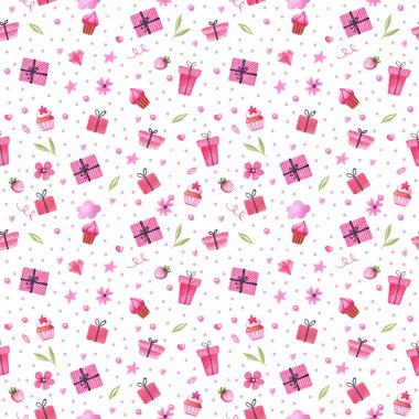 Tatillerde suluboya desenler hediye kutuları, paketler, kalpler, yıldızlar. Tatil illüstrasyonu