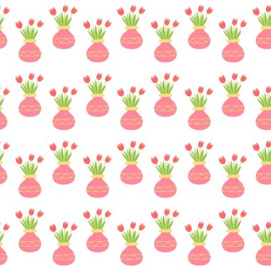 Vazodaki pembe lale buketlerinin kusursuz deseni. Dekorasyon için elle çizilmiş düz çiçekler