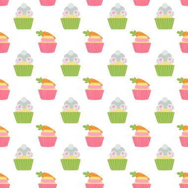 Tavşan, tavuk ve havuçlu şirin paskalya çörekleri. Vektör çizimi izole edildi.