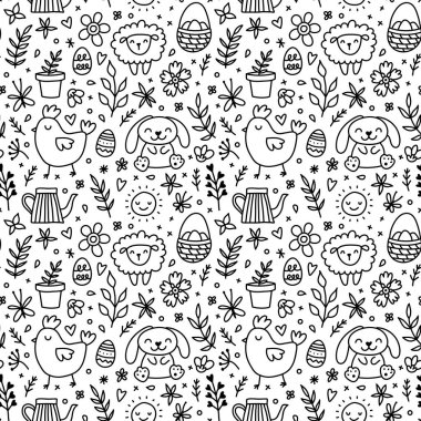 Güzel el çizimi Paskalya 'da tavşanlar, çiçekler, paskalya yumurtaları. Kartlar, afişler, tekstil için güzel siyah beyaz arkaplan