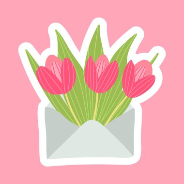 Zarfın içinde bir buket bahar çiçeği var. Vektör tebrik kartı.