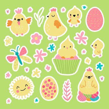 Tavşanlı Paskalya kutlamaları. Vektör çizimi. Sevimli çizgi film karakterleri ve tasarım elemanları kümesi.