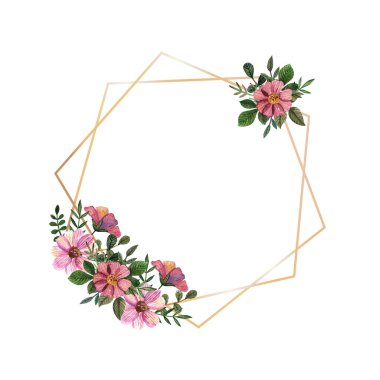 Altın çerçeveli suluboya ütülü ve beyaz arka planda kurumuş çiçek. Düğün şablonu, asgari davetiye kartı, dekoratif yaz afişi.