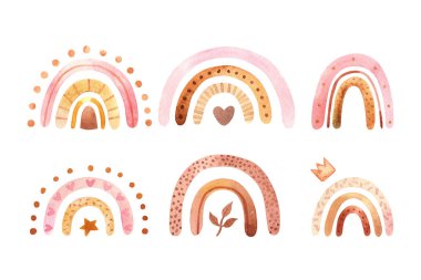 Soyut çocuklar suluboya gökkuşağı seti, boho gökkuşağı ile tırman. Moda İskandinav tarzında çocuk sanatları illüstrasyonu.