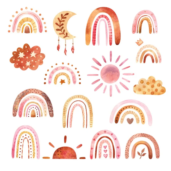 Clipart boho aquarelle pour la décoration de pépinière avec des arcs-en-ciel mignons et la lune, le soleil, le nuage. Illustration dessinée à la main. — Photo