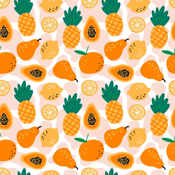 Meyve ananasları, limonlar, papaya, armut, beyaz arka planda turuncu. Güzel vektör arkaplanı. Kumaş ve dekor için parlak yaz illüstrasyonu.