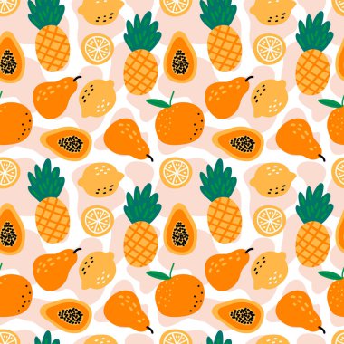 Meyve ananasları, limonlar, papaya, armut, beyaz arka planda turuncu. Güzel vektör arkaplanı. Kumaş ve dekor için parlak yaz illüstrasyonu.