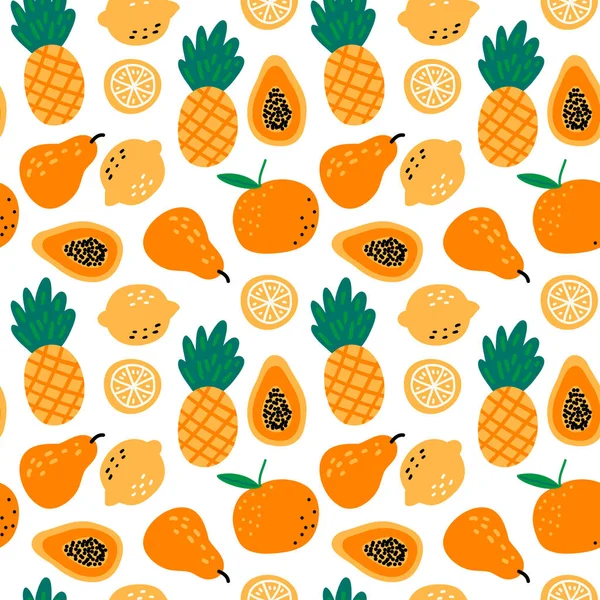 Sömlöst Mönster Med Frukt Ananas Citroner Papaya Päron Orange Vit — Stock vektor