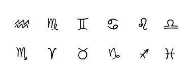 Beyaz zemin üzerinde izole edilmiş siyah Astrolojik işaretler vektör düz ve basit biçim illüstrasyon seti