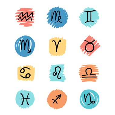 Parlak arkaplanda izole edilmiş siyah Astrolojik işaretler vektör düz ve basit biçim çizimi