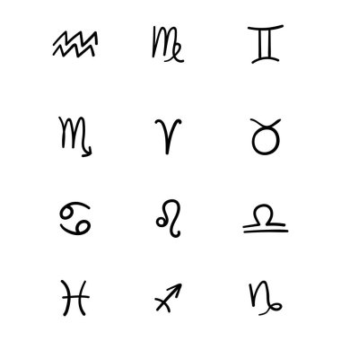 Beyaz arkaplanda izole edilmiş siyah Astrolojik işaretler vektör düz ve basit biçim gösterimi