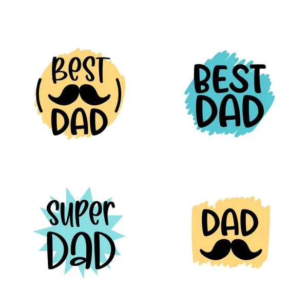 Día de padres felices aislados con citas en fondos brillantes. El mejor padre. Etiqueta de felicitación, vector de insignia. — Vector de stock