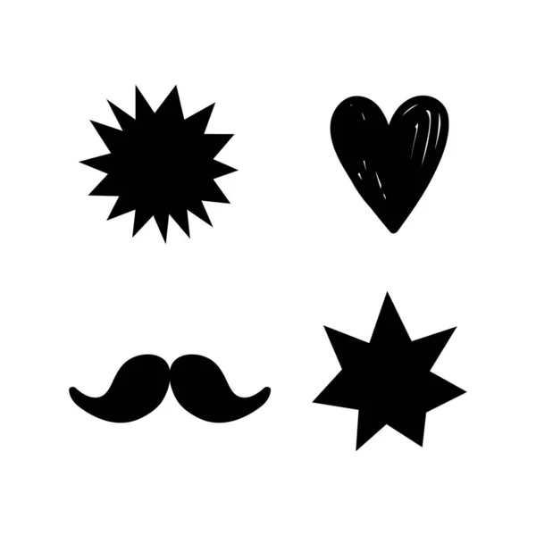 Estrellas, corazón, bigote, conjunto de iconos, varias formas negras aisladas, ilustración vectorial. — Archivo Imágenes Vectoriales