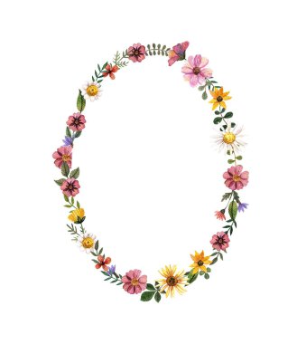 Beyaz arkaplanda suluboya ve kurutulmuş çiçekli altın çerçeve