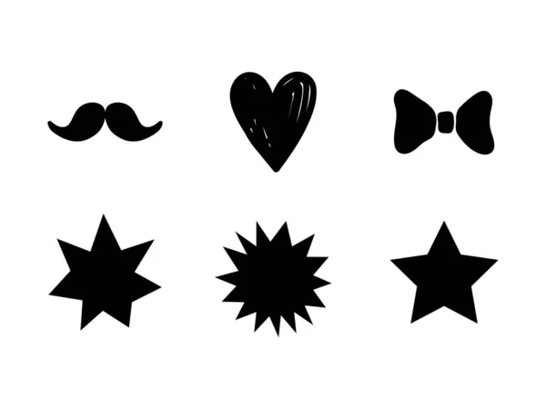 Estrellas, corazón, bigote, conjunto de iconos, varias formas negras aisladas, ilustración vectorial. — Archivo Imágenes Vectoriales