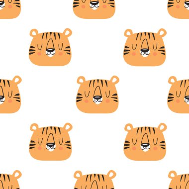 Kaplan kafaları, vektör illüstrasyonları, çocuksu hayvan karikatürü arka planı olan şirin, pürüzsüz bir desen.