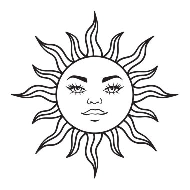 Bohem illüstrasyon, göksel klasik tasarım, yüzlü güneş, stilize çizim, tarot kartı. Gizemli öge