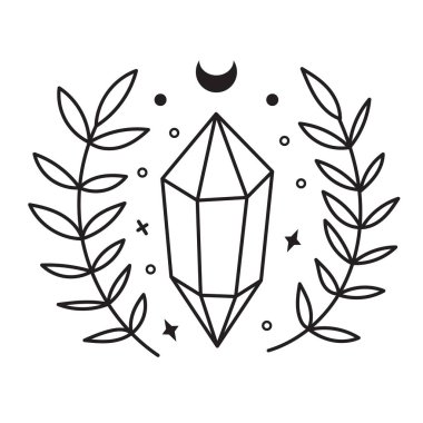 Göksel semboller, kristal çizimler. El çizimi sanat kristalleri, botanik yaprağı, ay, yıldızlar..