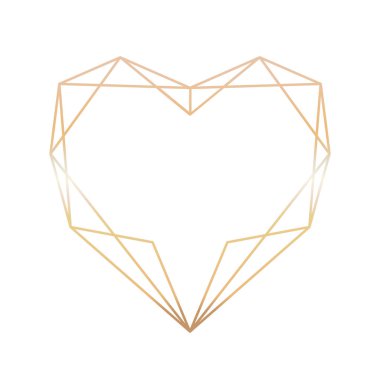 Altın geometrik kalp şekli çerçevesi beyaz arkaplanda izole edilmiş. Düğün davetiyeleri ve kartlar için şık bir sınır. Sevgililer Günü dekorasyonu