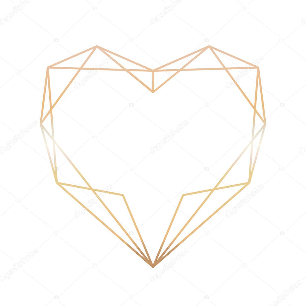 gold geometric heart shape frame isolated on white background. Elegant border for wedding invitations and cards. Valentines day decoration