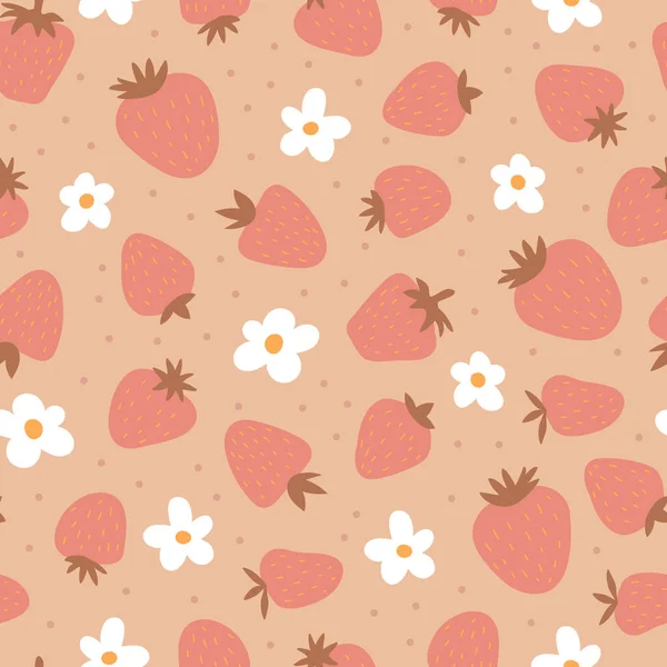 Seamless Pattern Strawberries Flowers Cute Simple Print Kids Boho Cute — Stock Vector