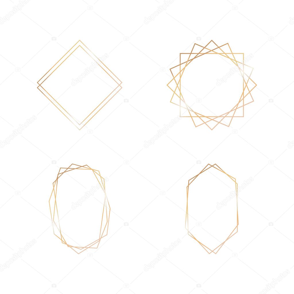 Gold collection of geometric frame on white background. Decorative element for logo, card, invitation. Luxury templates, art deco style for wedding invitation.