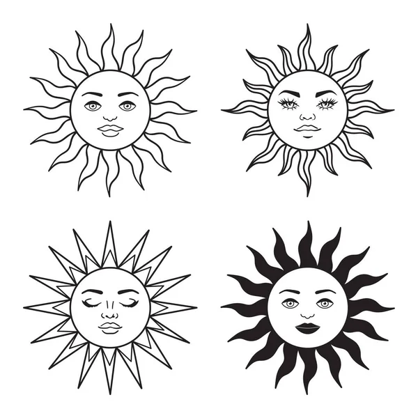 Böhmische Illustration Himmlisches Vintage Design Sonne Mit Gesicht Stilisierte Zeichnung — Stockvektor