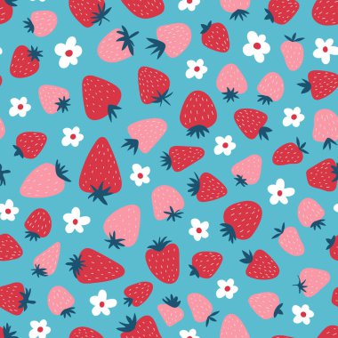 Çilek ve çiçeklerle kusursuz desen. Çocuklar için şirin, basit bir baskı. Boho şirin arkaplan