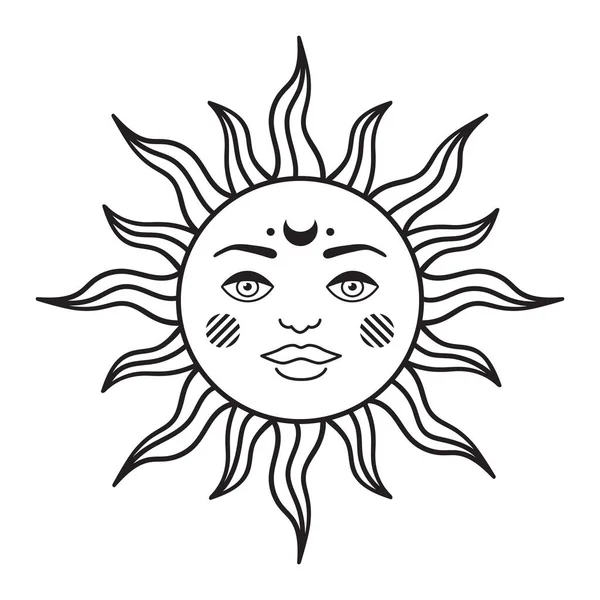 Böhmische Illustration Himmlisches Vintage Design Sonne Mit Gesicht Stilisierte Zeichnung — Stockvektor