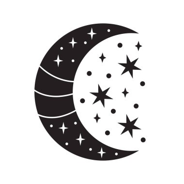 Göksel hilal ayı. Siluetler dekoratif güzel yıldızlar düzenlemeleri. Moda tasarımı için sihirli vektör illüstrasyonu.