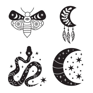 Bohem illüstrasyon, göksel klasik tasarım, yüzlü güneş, stilize çizim, tarot kartı. Tasarım, logo ve dövme için mistik bir unsur. Vektör illüstrasyonu beyaz arkaplanda izole edildi